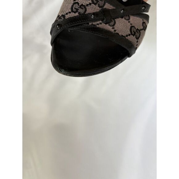 Vintage Authentic Gucci Mules Mid High Heel Canvas Black Leather Monogram 8.5B - Picture 4 of 10